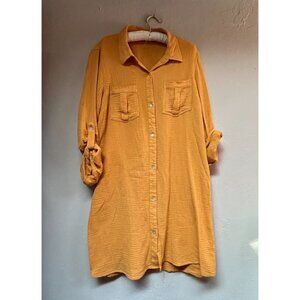 Given Kale Womens Large Roll Tab Sleeve Gauze Shirt Dress Mustard Pockets Casual